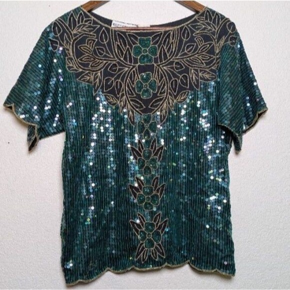 Vintage Blue Green Sequin Silk Top Size Medium Party Y2K Formal Beaded Gatsby - Picture 1 of 10